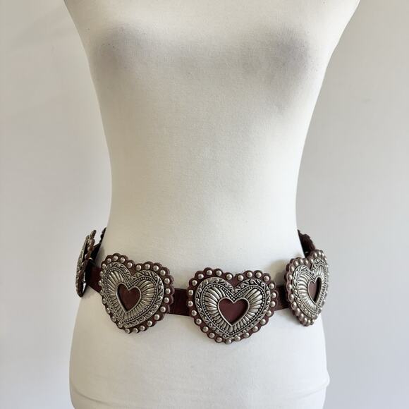 Vintage Y2K Rare Heart Metal Studded Leather Belt Large Boho Coastal Cowgirl - Picture 1 of 4